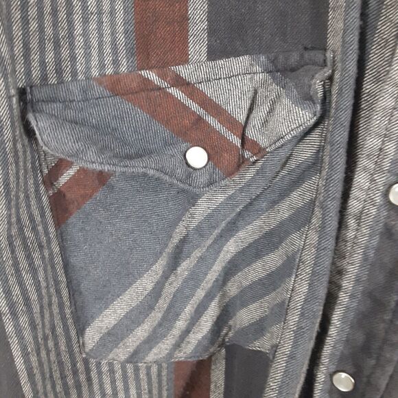 KARMAN Adult Mens L Pearl Snap Shirt Gray Cowboy Western Plaid Flannel - Picture 2 of 9